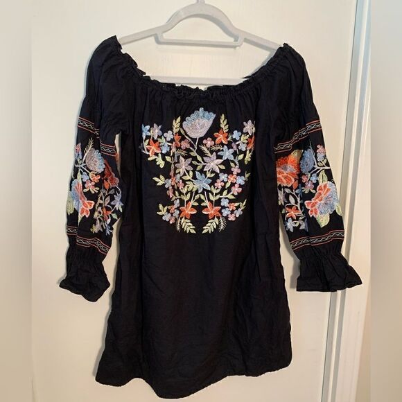 Free People GUC black floral embroidered long sleeve off the shoulder dress XS - Picture 1 of 6